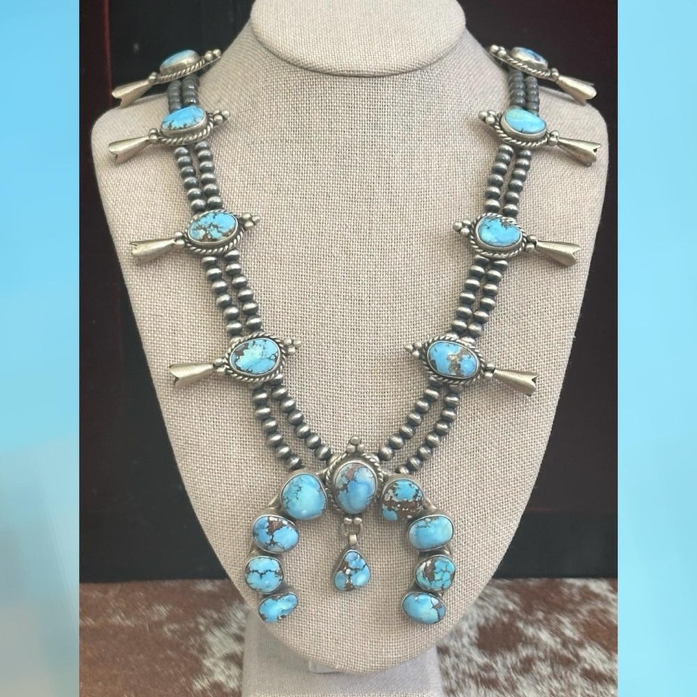Golden Hills Turquoise Squash Blossom Southwestern Sterling Silver Necklace